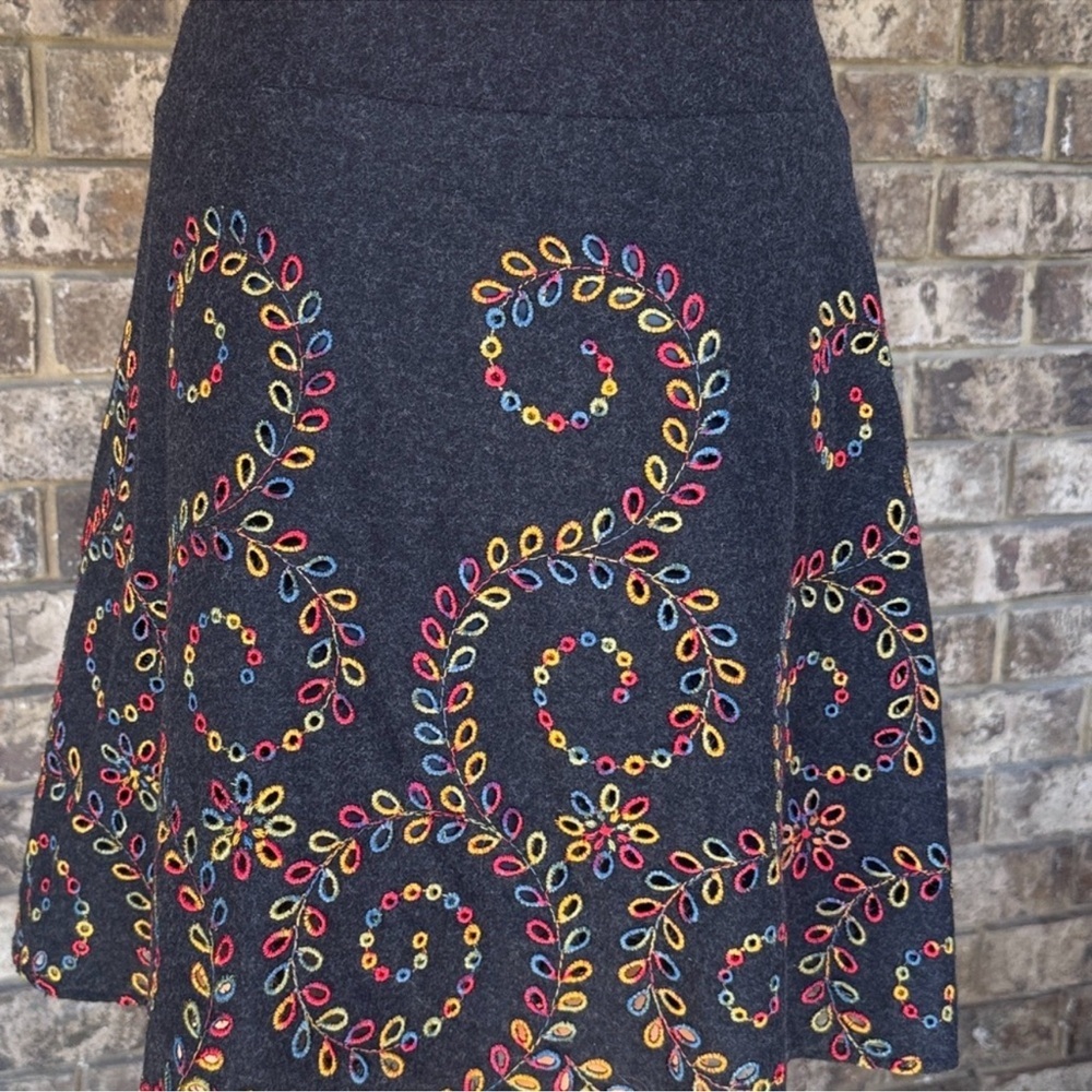 Wool A-Line Skirt Embroidered Multicolor Boho Festival Fall M - Picture 2 of 6